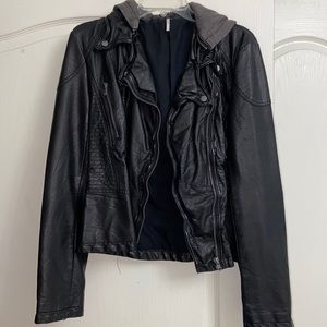 Free People black vegan leather jacket with removable hood